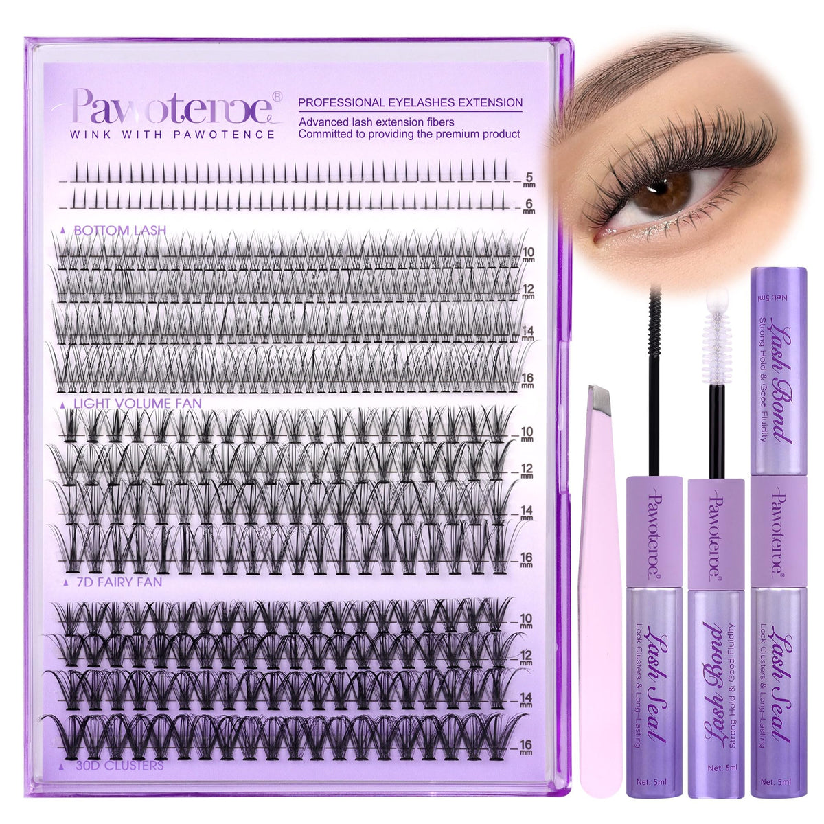 Pawotence kit extension cils clusters en 4 styles pour look naturel à la maison.