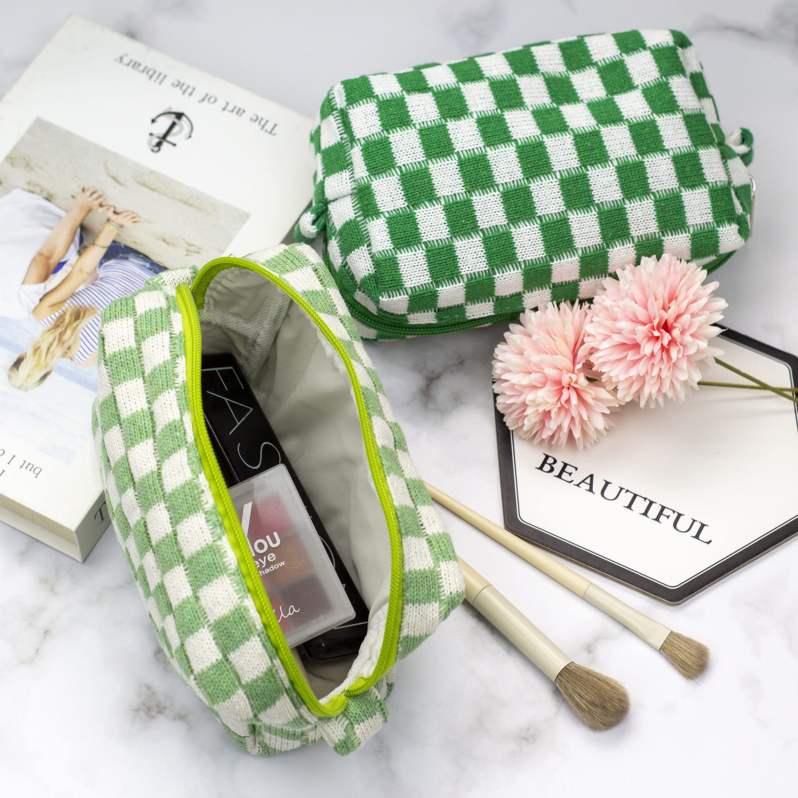 PAZIMIIK pochette maquillage à carreaux prête pour le sac de voyage.