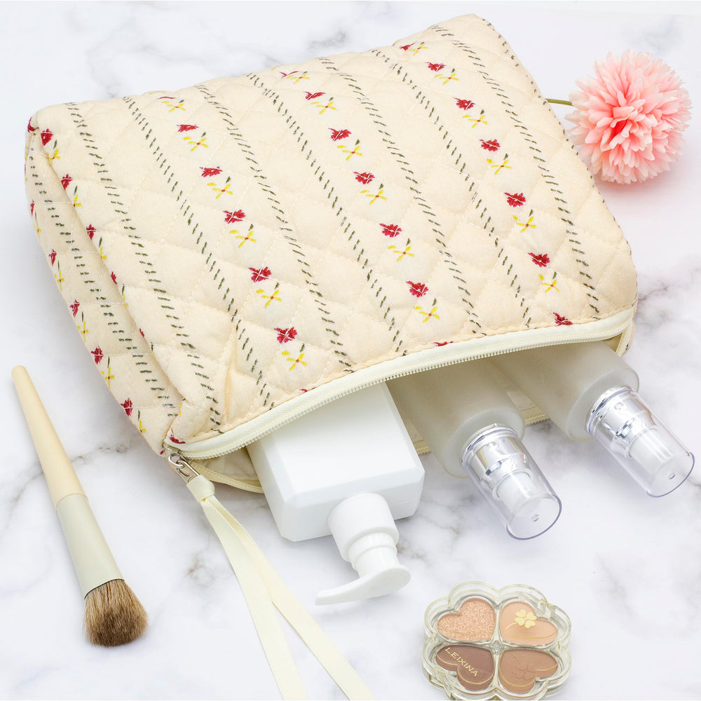 PAZIMIIK sac maquillage quilté, poche mesh pratique pour pinceaux et petits articles.