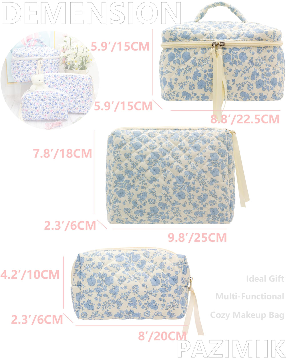 PAZIMIIK trousse maquillage quilted petit bleu fleurie, compagnon léger