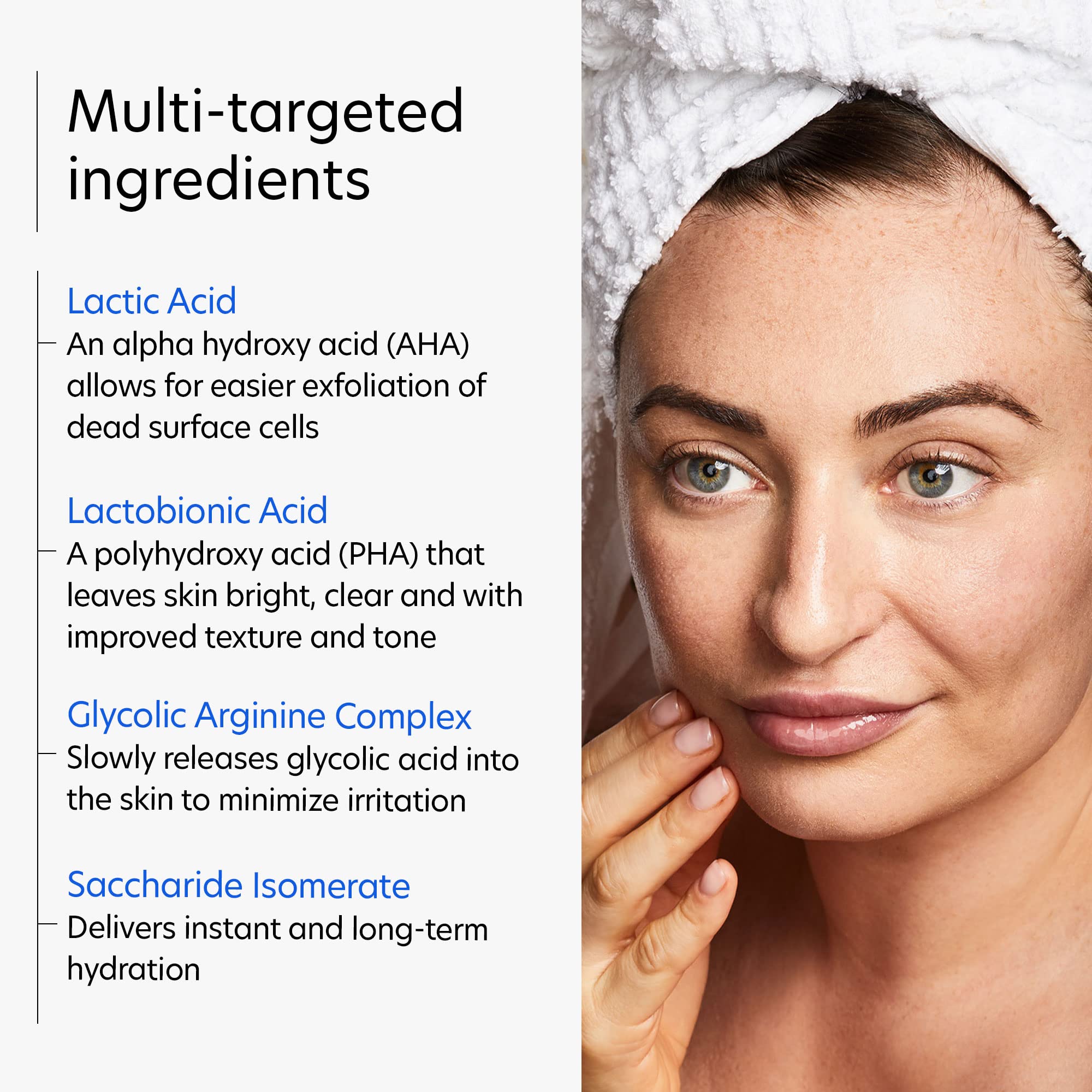Complexe glycolique-arginine et exfoliation en douceur visibles dans la composition.