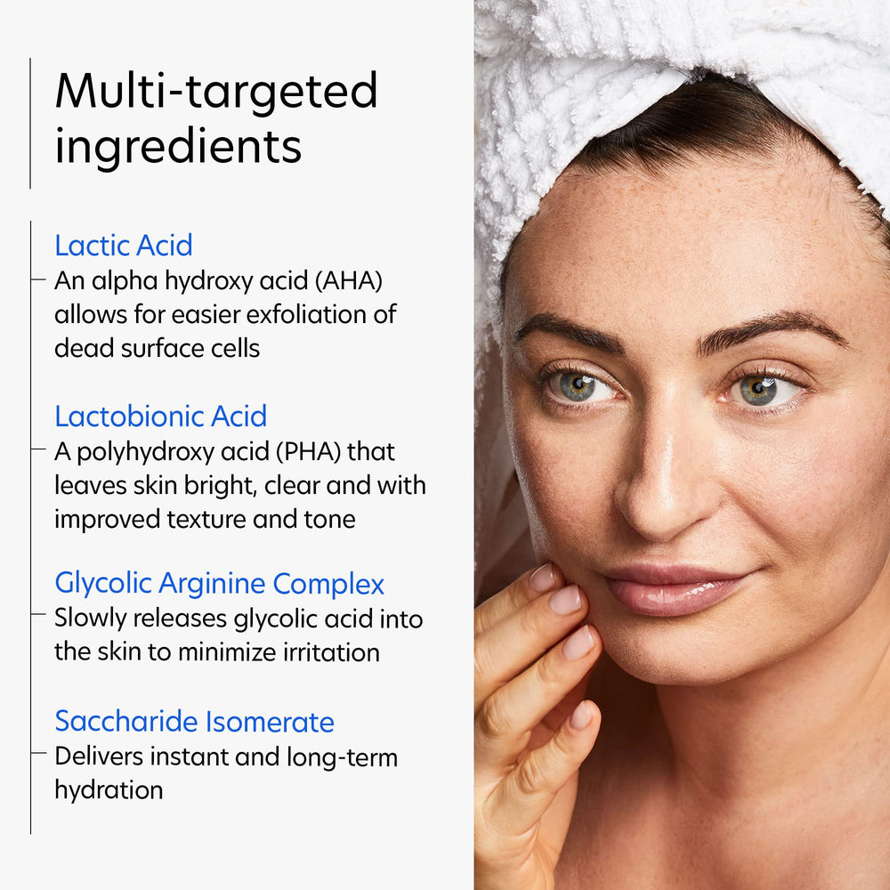 Complexe glycolique-arginine et exfoliation en douceur visibles dans la composition.