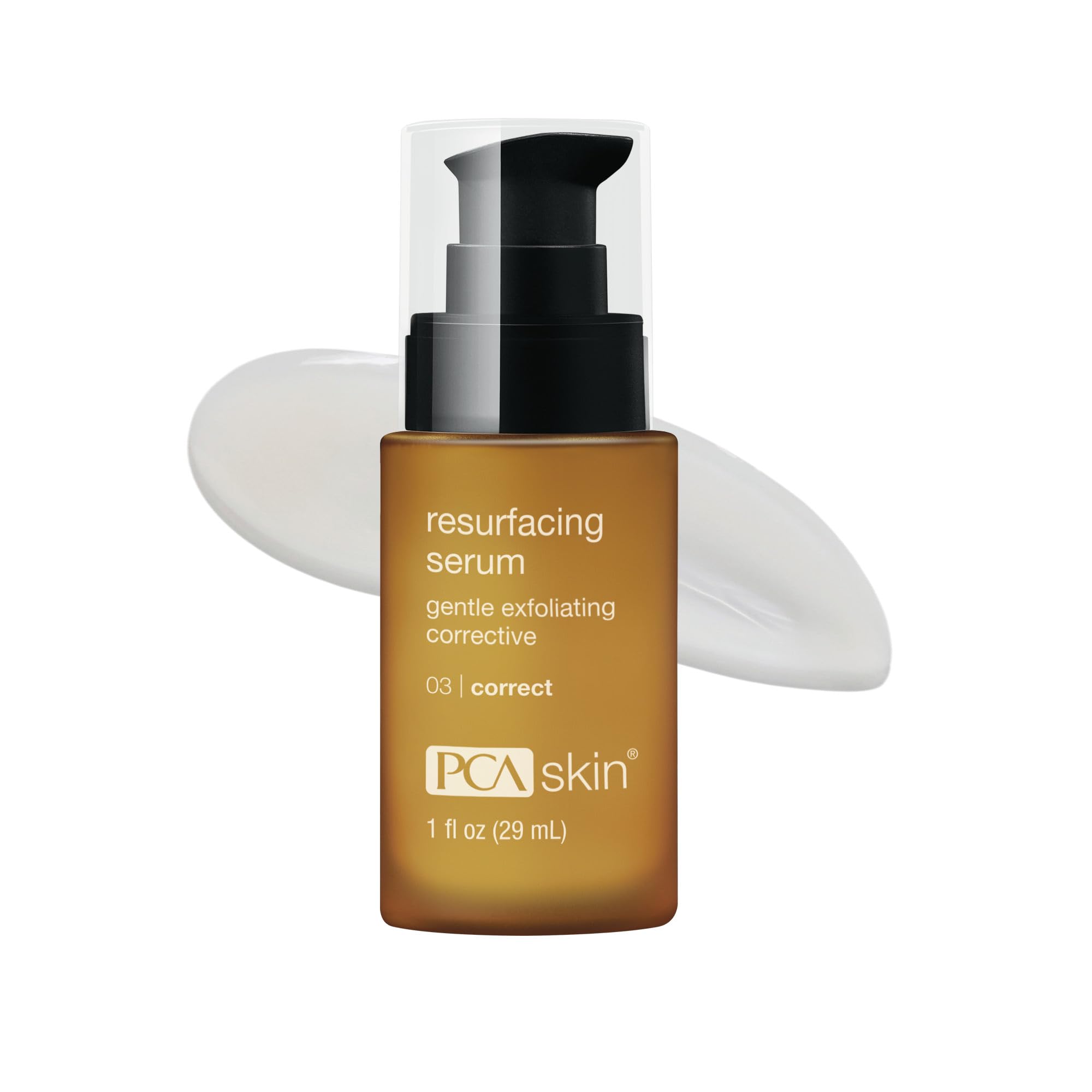 PCA SKIN Resurfacing Serum sur flacon, peau plus uniforme après application.