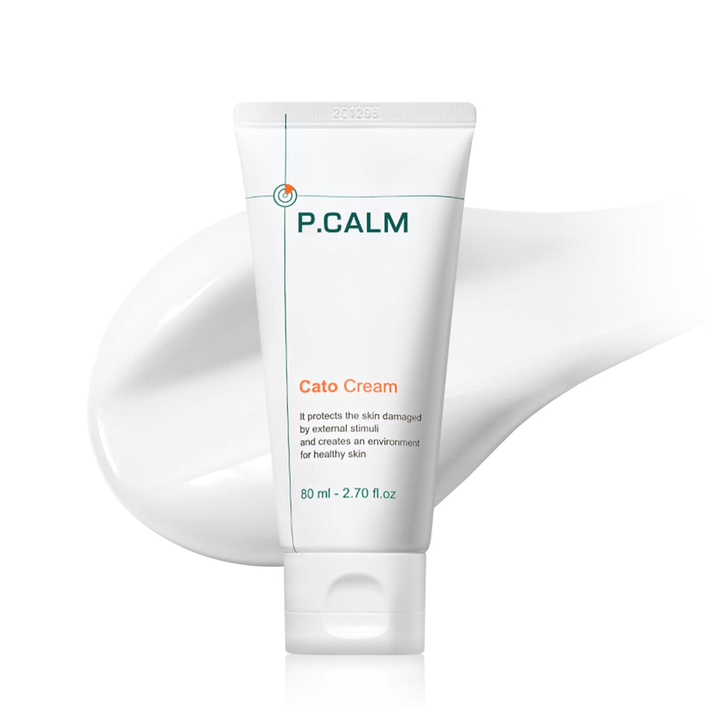 P.CALM Cato Cream: bouteille et boîte montrant un packaging épuré et végan.