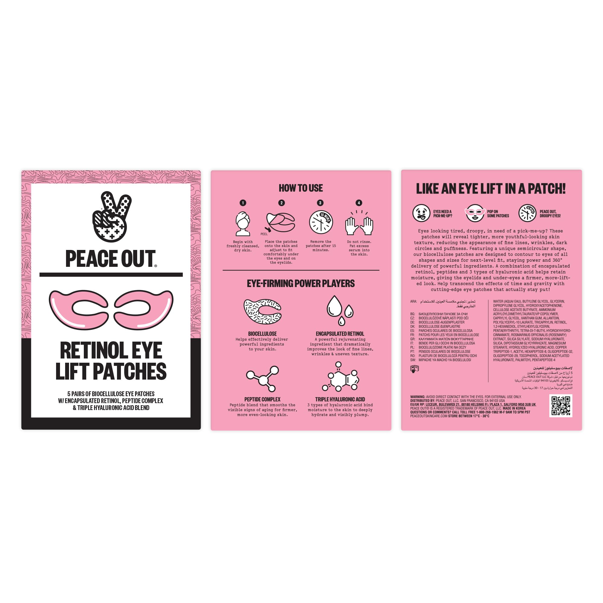 Patchs yeux Peace Out encapsulé Retinol, effet doux et uniforme.