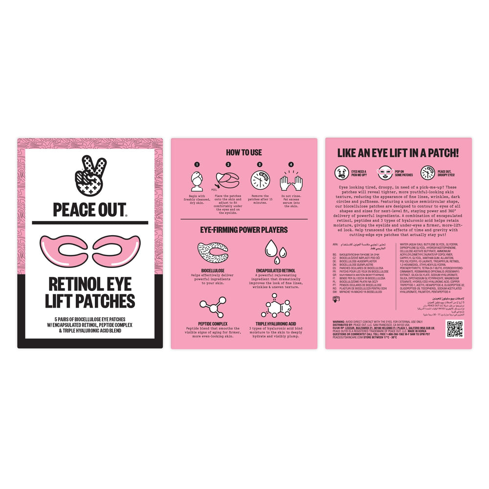 Patchs yeux Peace Out encapsulé Retinol, effet doux et uniforme.