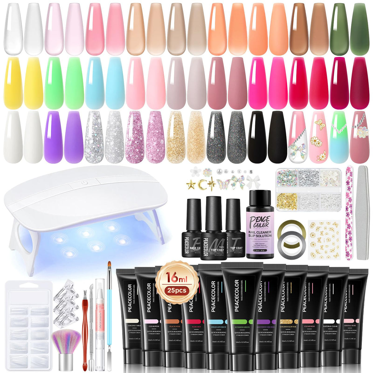 PEACECOLOR kit gel poly-nail: 25 couleurs pour designs variés et durables.