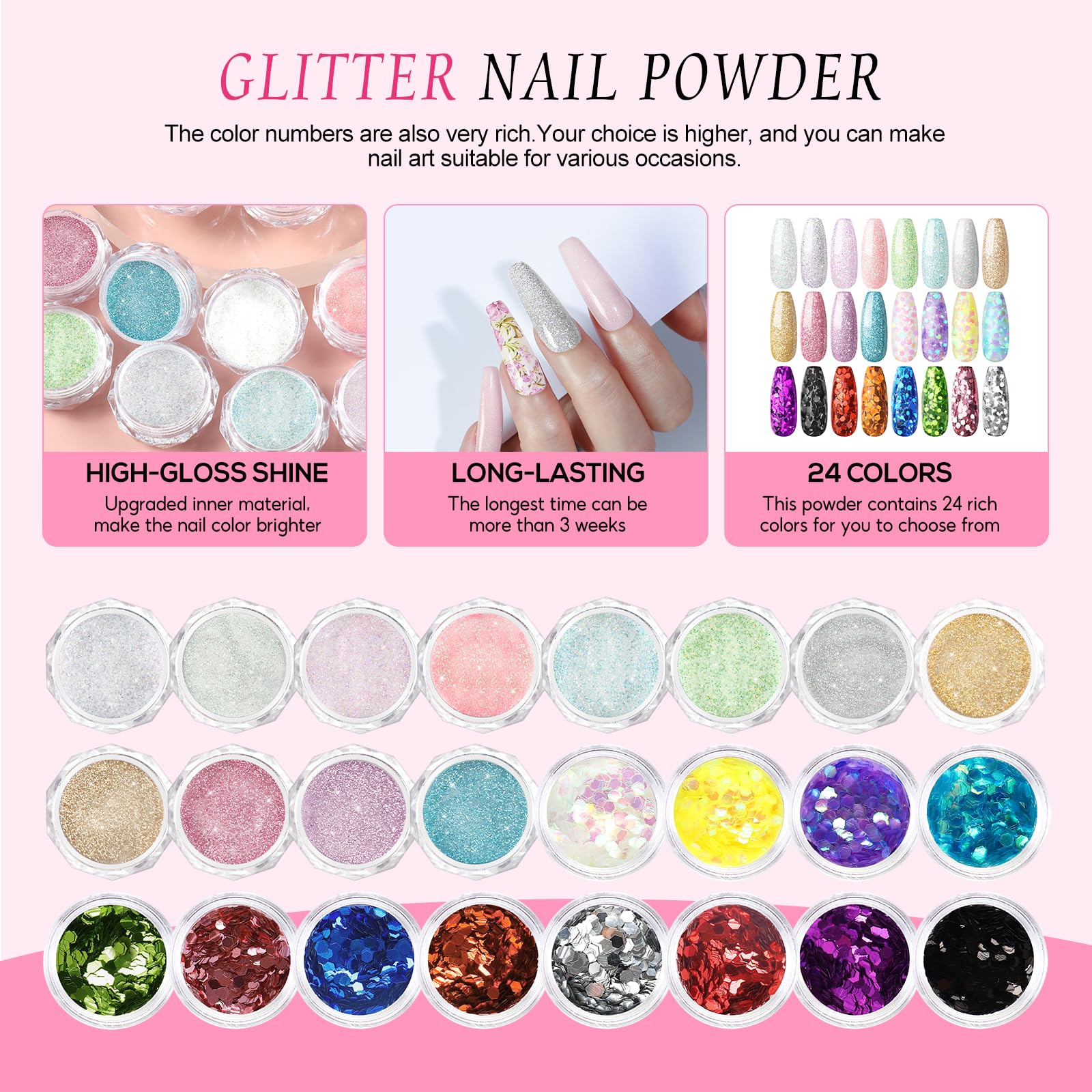 Poudres acryliques PEACECOLOR en trois couleurs pour extensions