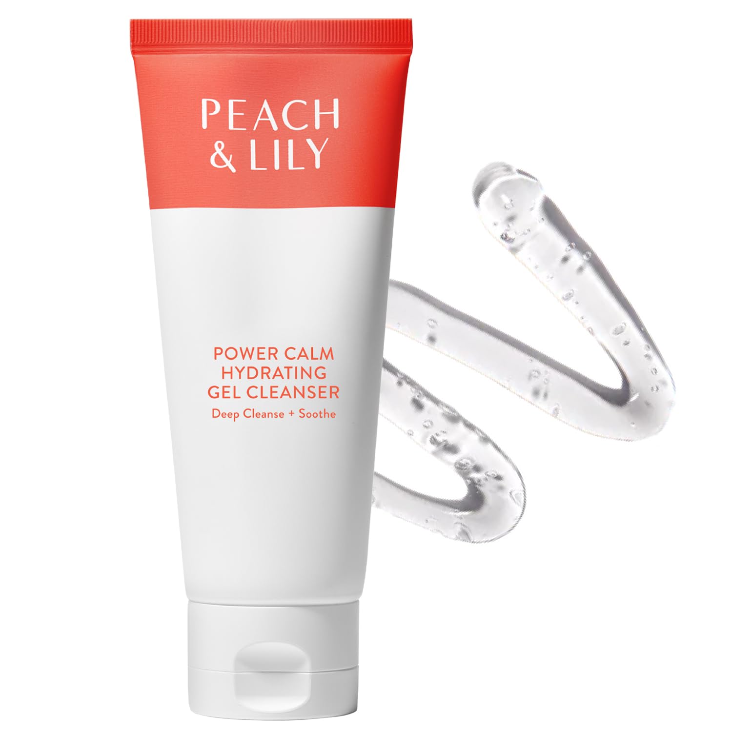 Peach & Lily Power Calm Gel Cleanser – bouteille avec mousse légère, nettoyage en douceur.