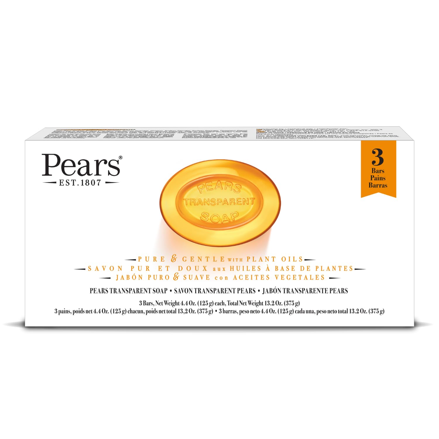 Savon Pears glycérine transparent ambre en coffret, hydratation légère pour la peau.