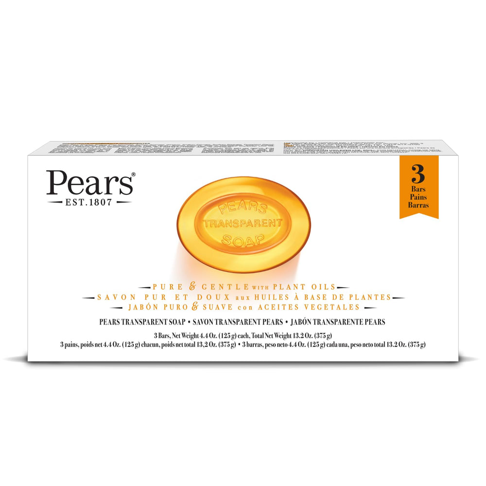 Savon Pears glycérine transparent ambre en coffret, hydratation légère pour la peau.