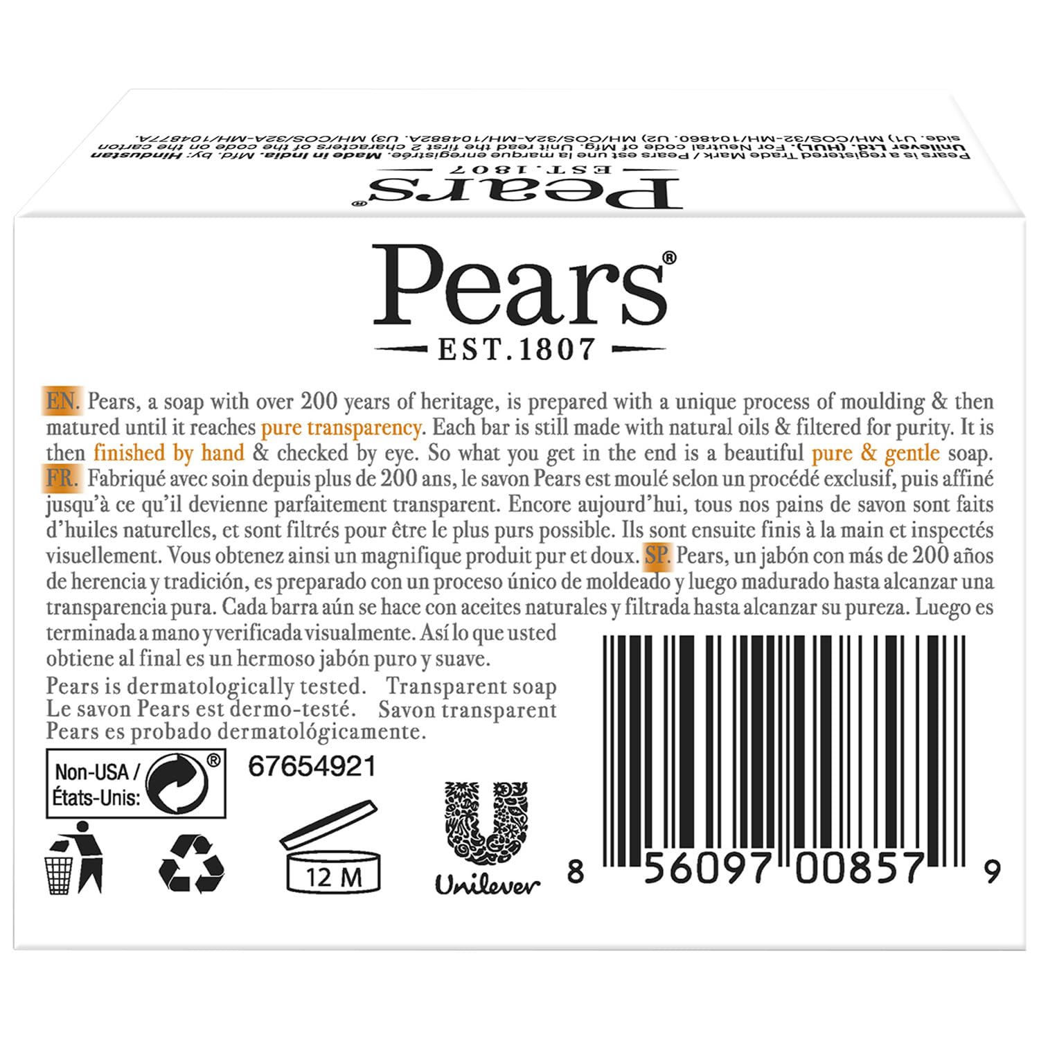 Savon Pears ambre transparent, trio de barres pour un usage quotidien.