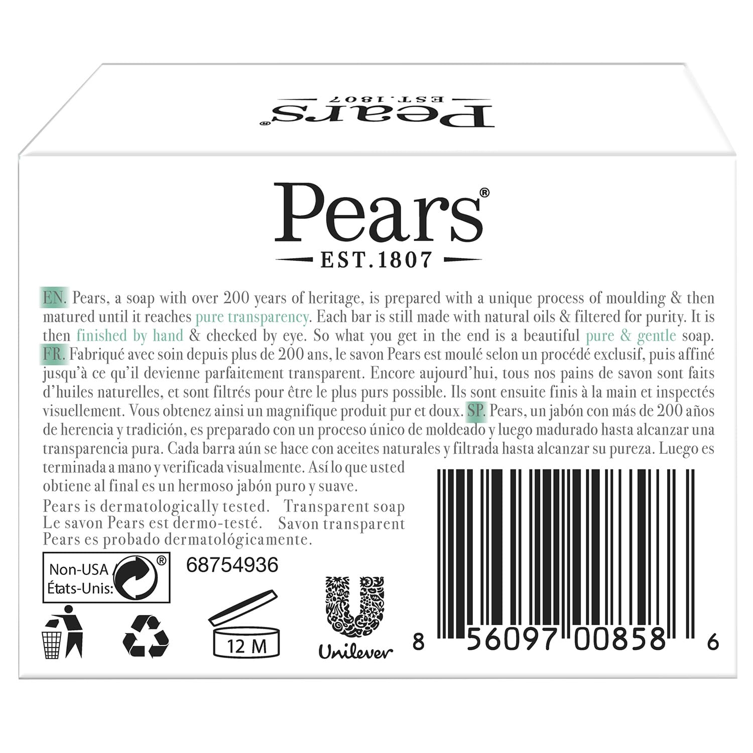 Savon Pears glycérine, barre verte, parfum léger de fleur de citron.
