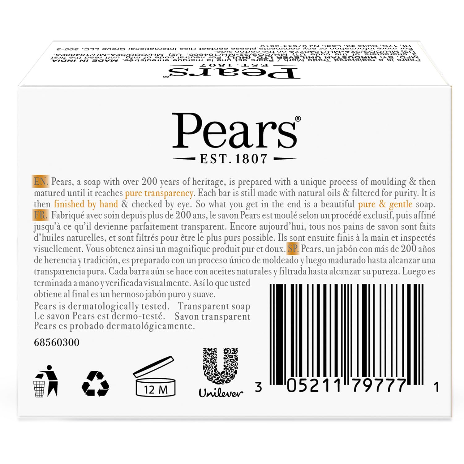 Savon Pears pour les mains en usage quotidien, douceur et propreté.