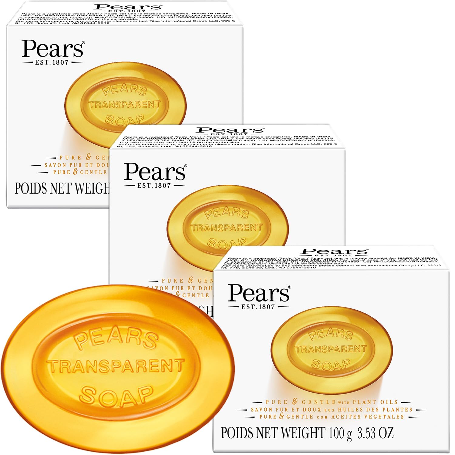 Savon Pears pur et doux, barre ambrée translucide hydratation durable