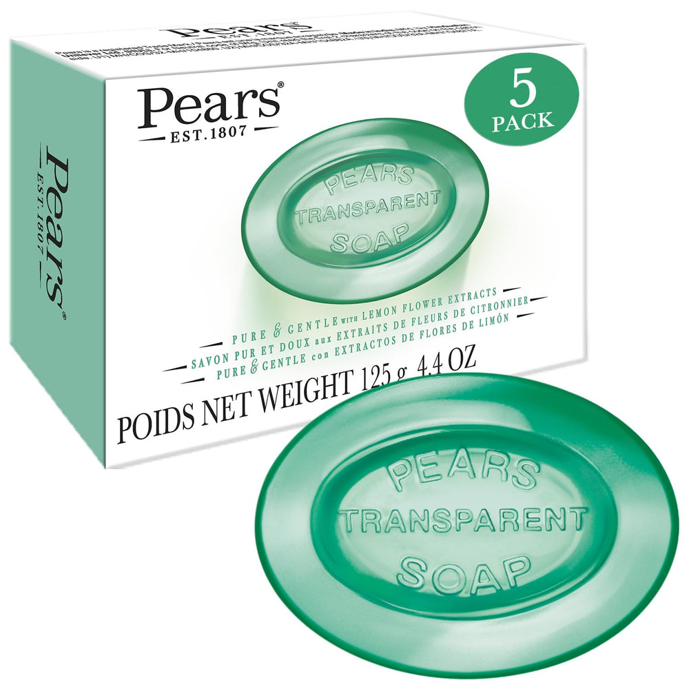Pears savon pur et doux, barre transparente verte, hydratation durable.