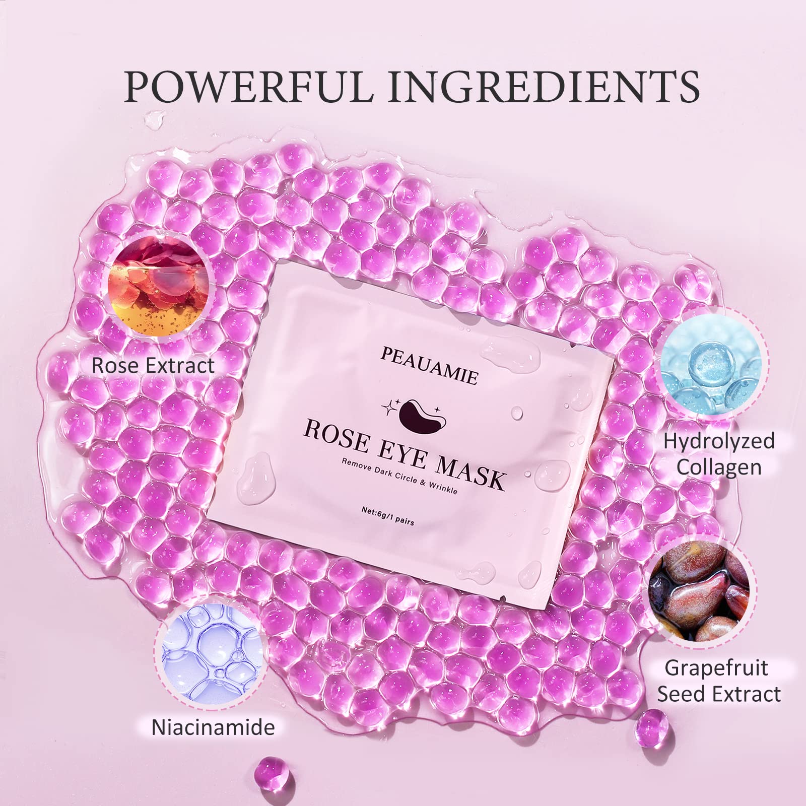 PEAUAMIE masque yeux rose, collagène et nicotinamide pour douceur ciblée.