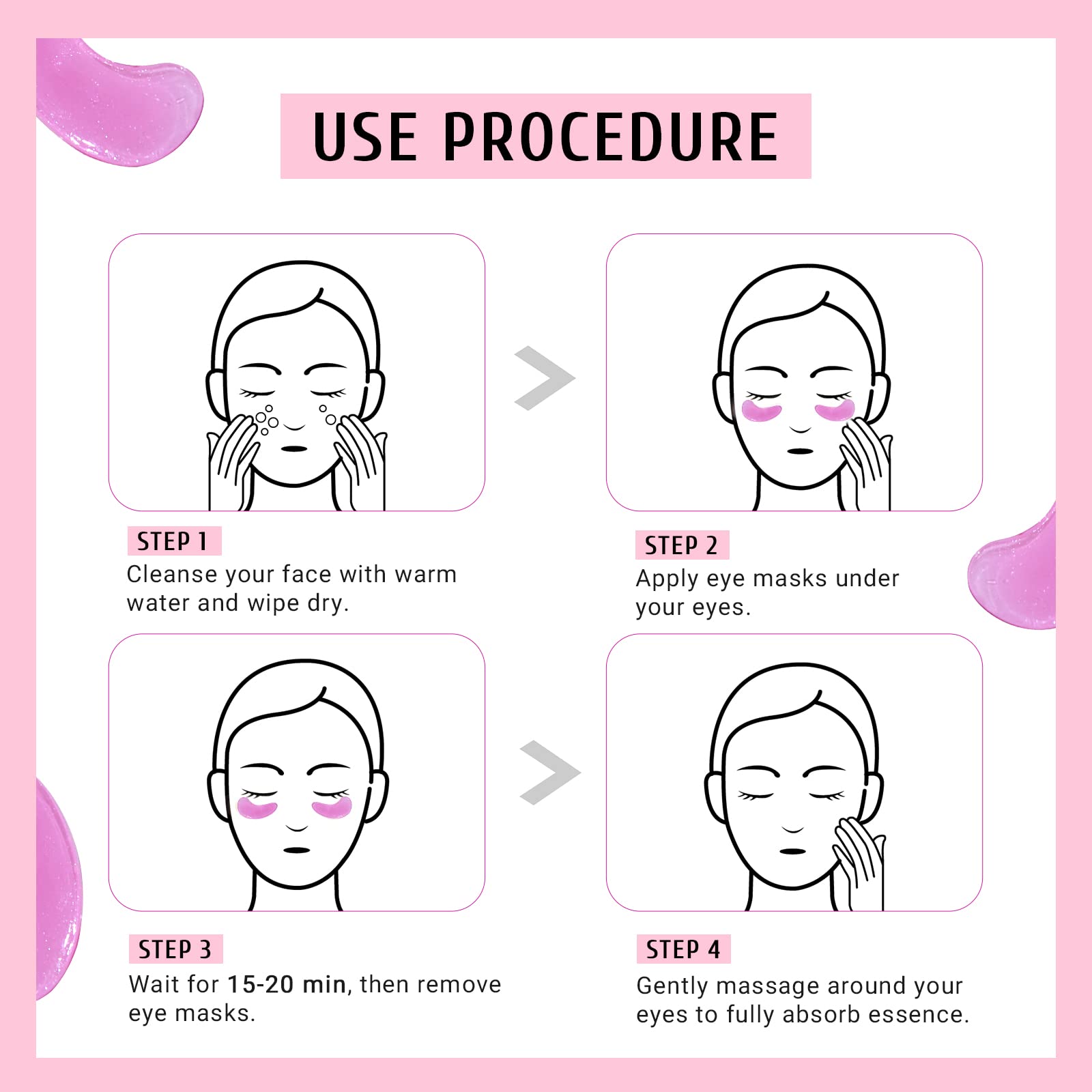 PEAUAMIE masque yeux rose, temps d’application recommandé 15 à 20 minutes.
