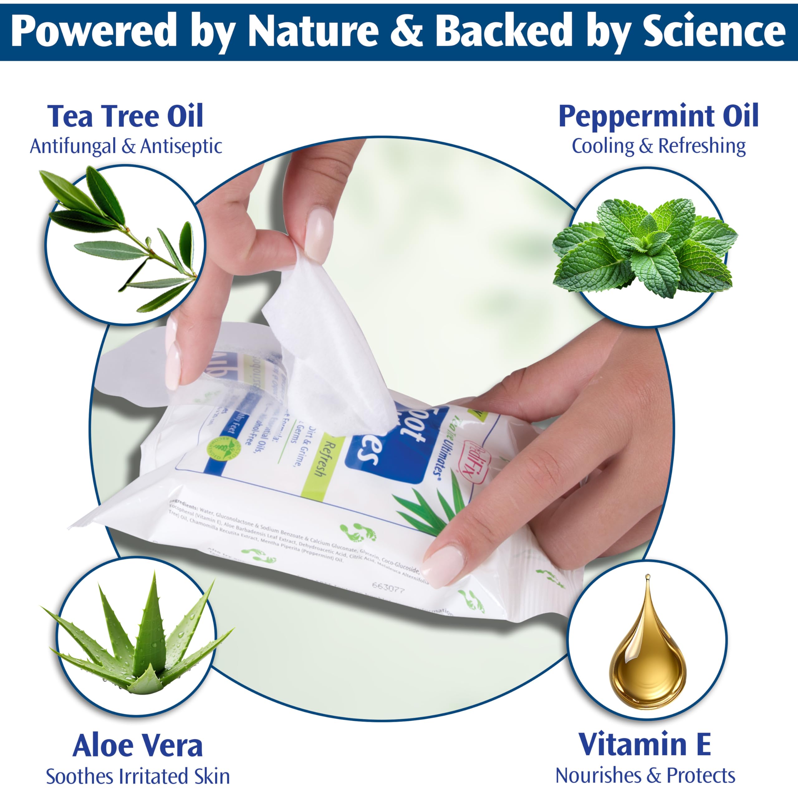 PediFix lingettes pieds, arbre à thé et aloe, nettoient et apaisent après l'effort.