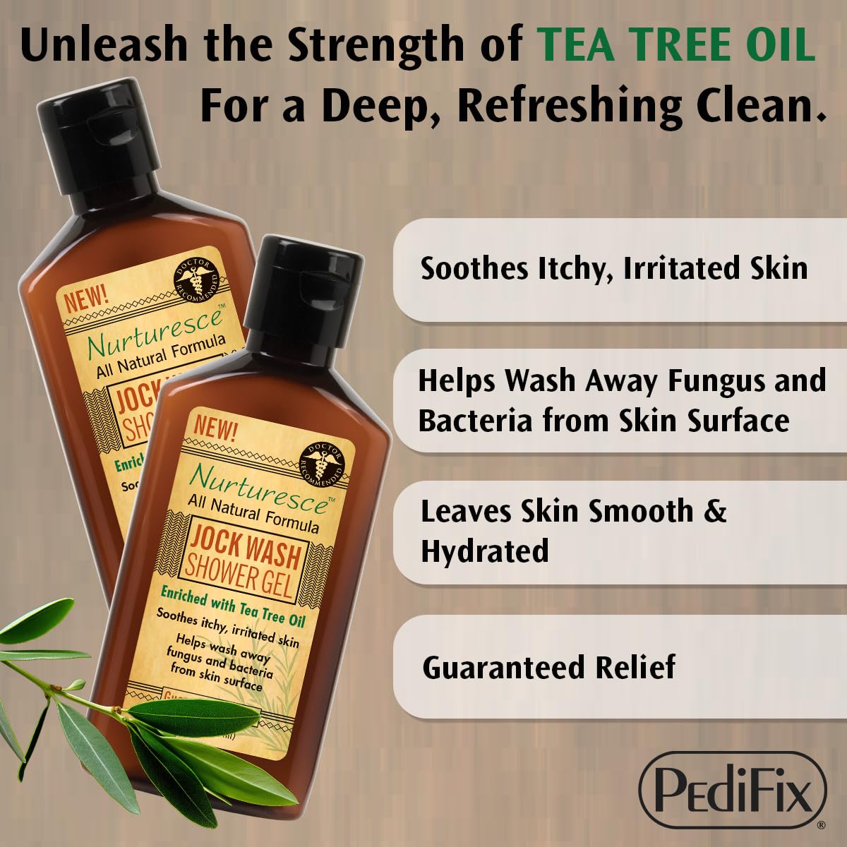 Pedifix Nurturesce gel douche arbre à thé, parfum herbacé et revitalisant.