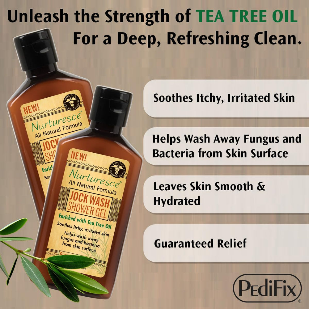 Pedifix Nurturesce gel douche arbre à thé, parfum herbacé et revitalisant.