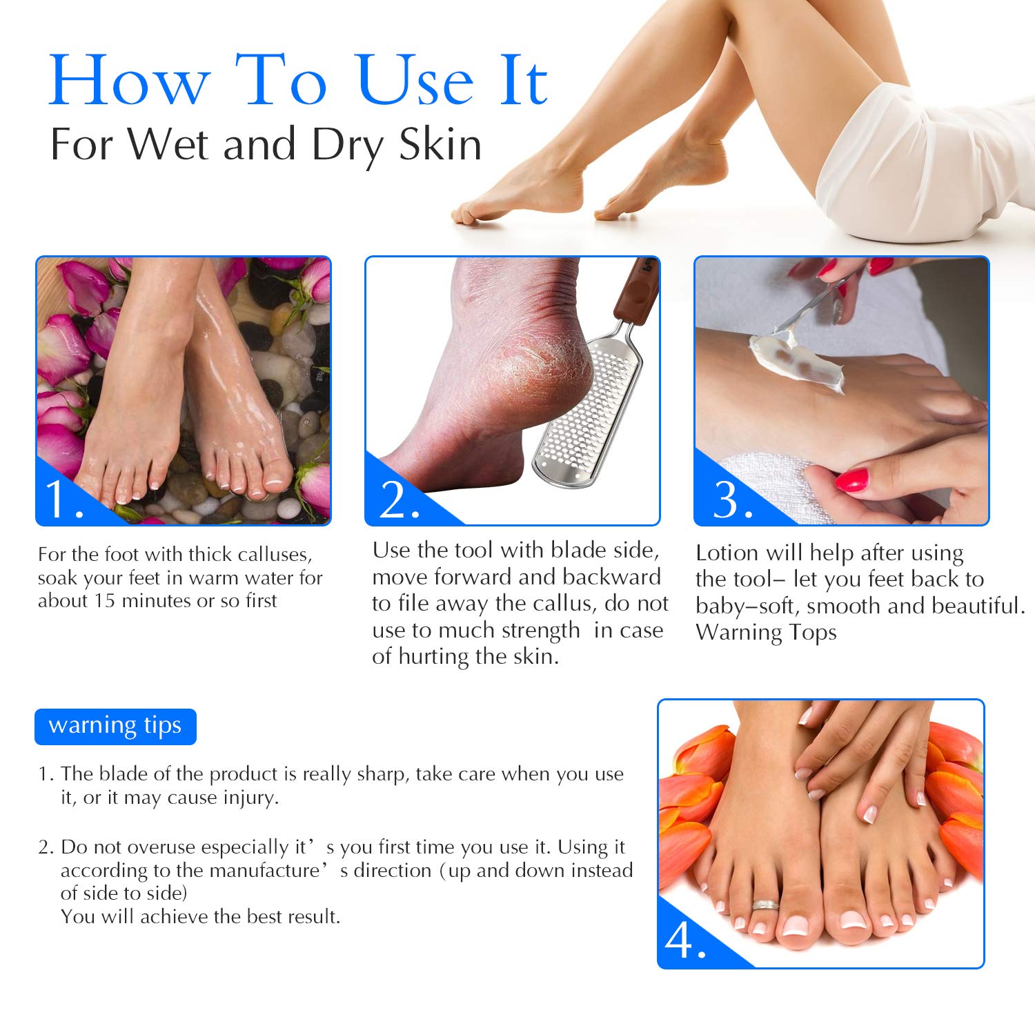 Pefei pédicure pieds secs: texture adaptée pour lisser la peau.