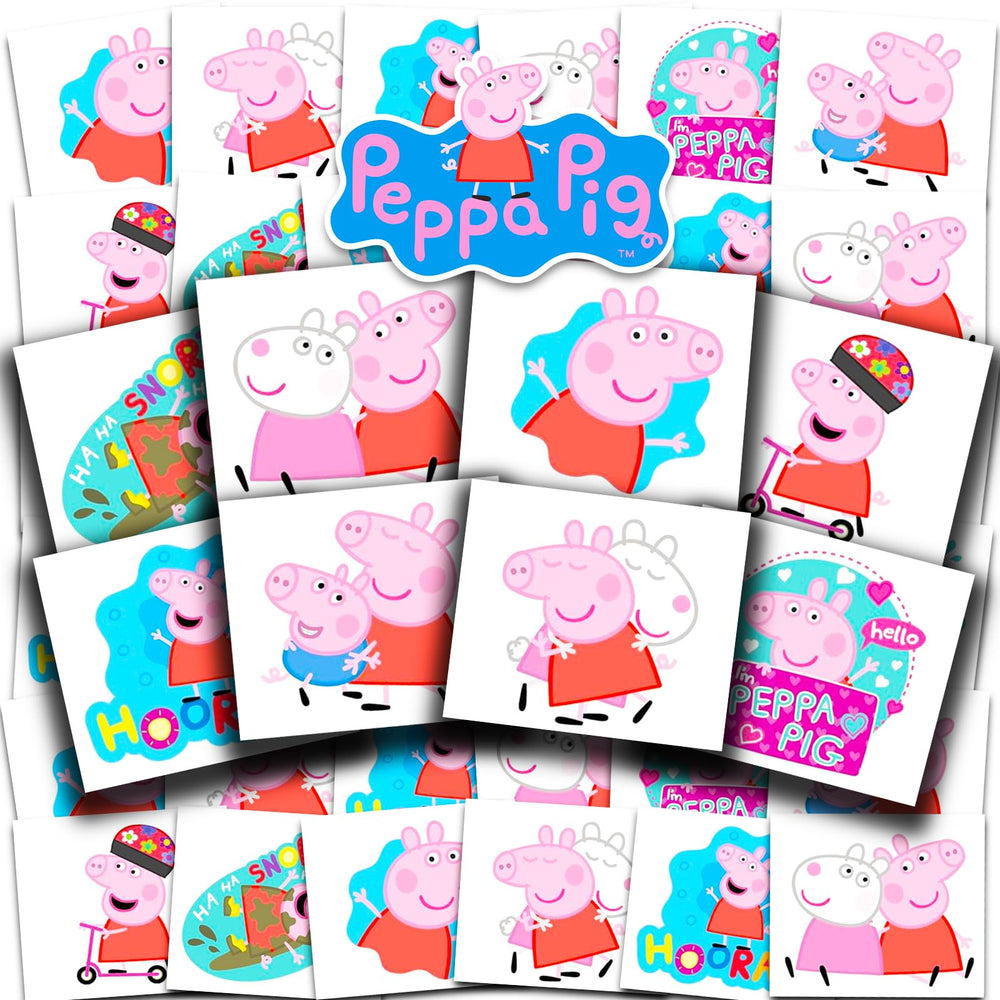 Tatouages temporaires Peppa Pig pour fête d'enfants, designs amusants et faciles à appliquer.
