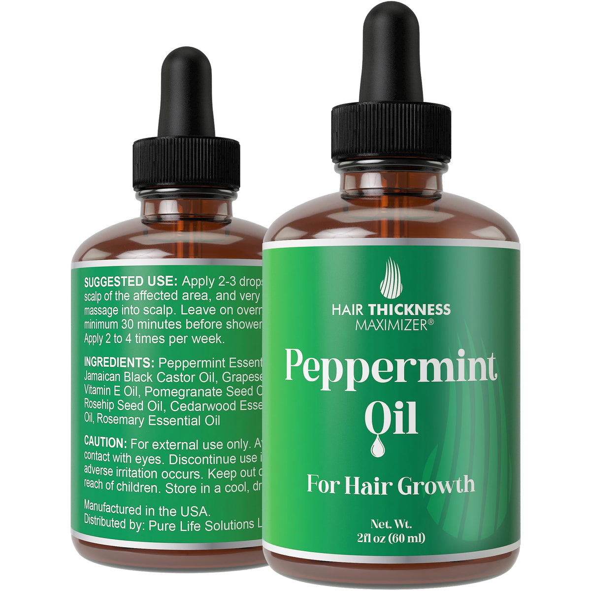 Bouteille Peppermint Hair Growth Oil : stimulation légère du cuir chevelu et parfum frais.