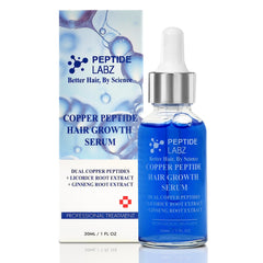 Sérum PeptideLabz cuivre-tripeptide-1 en flacon pour le cuir chevelu sain.