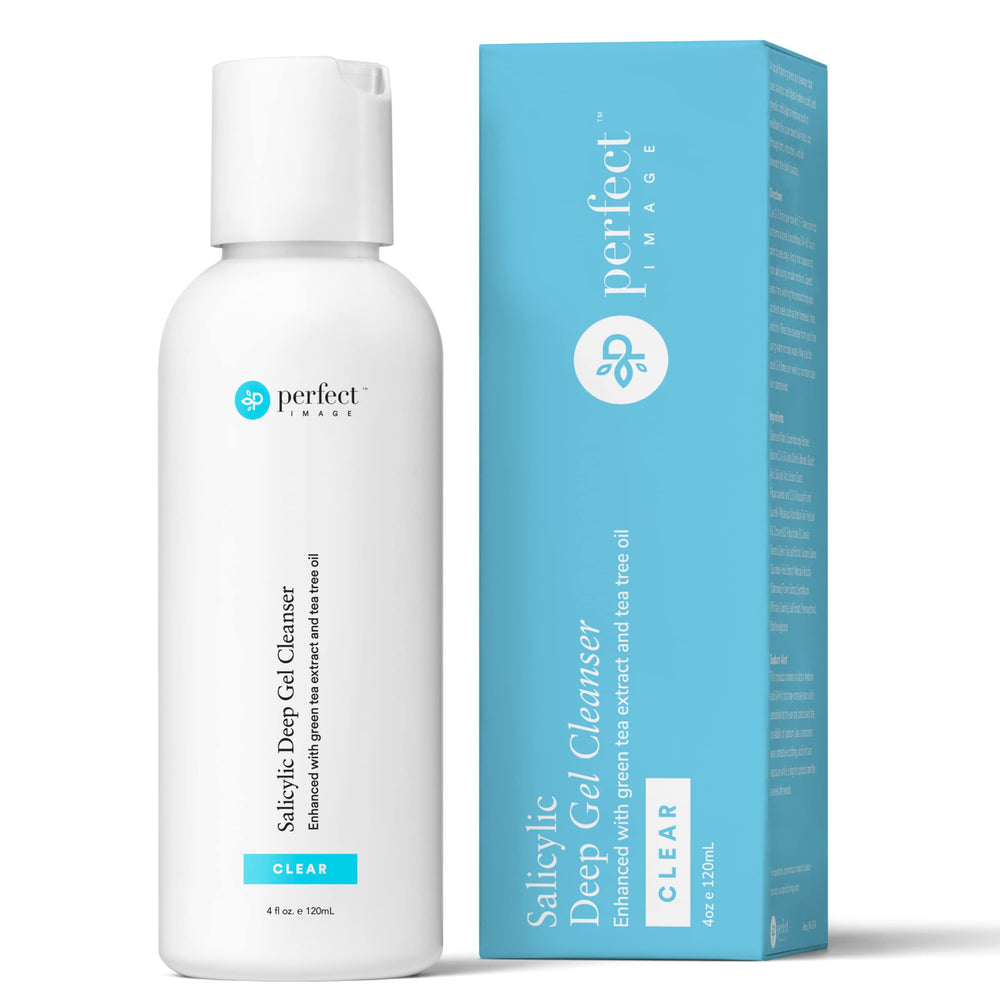 Perfect Image salicylic acid gel cleanser bottle showing deep exfoliation benefits.