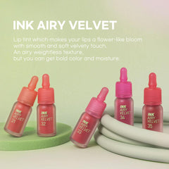 Peripera Ink Airy Velvet Lip Tint applicateur précision, tracé net et dégradé facile.