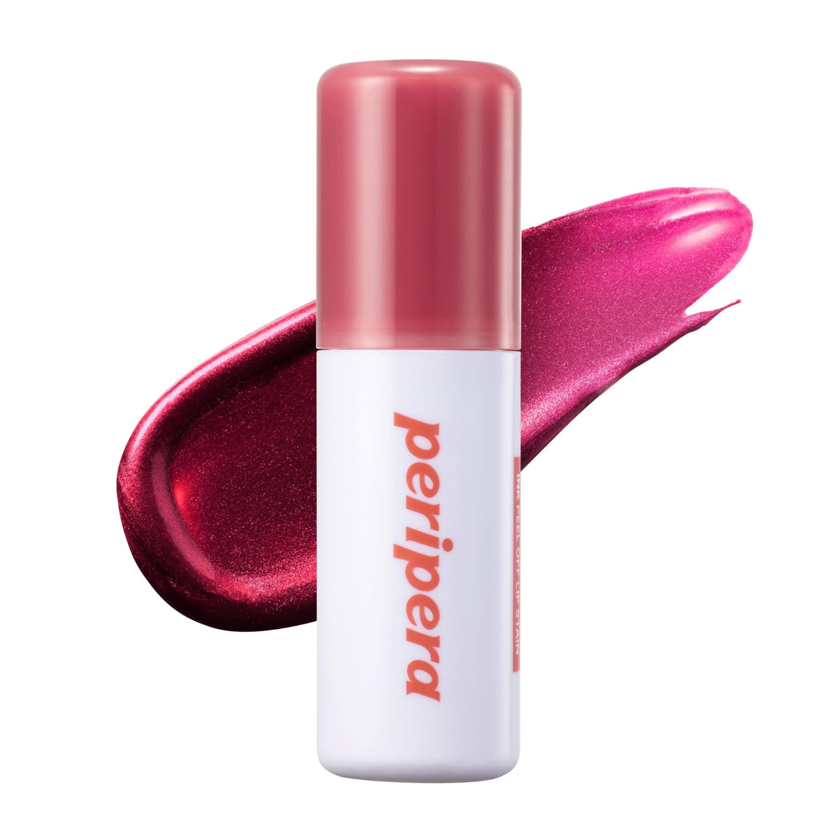 Peripera Ink Peel Off Lip Stain montre la bouteille et une teinte longue tenue.