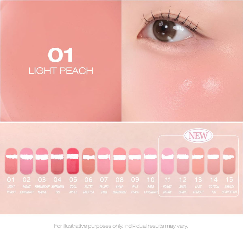Finition hydratante et tenue durable du blush Peripera Syrupy Tok Cheek.