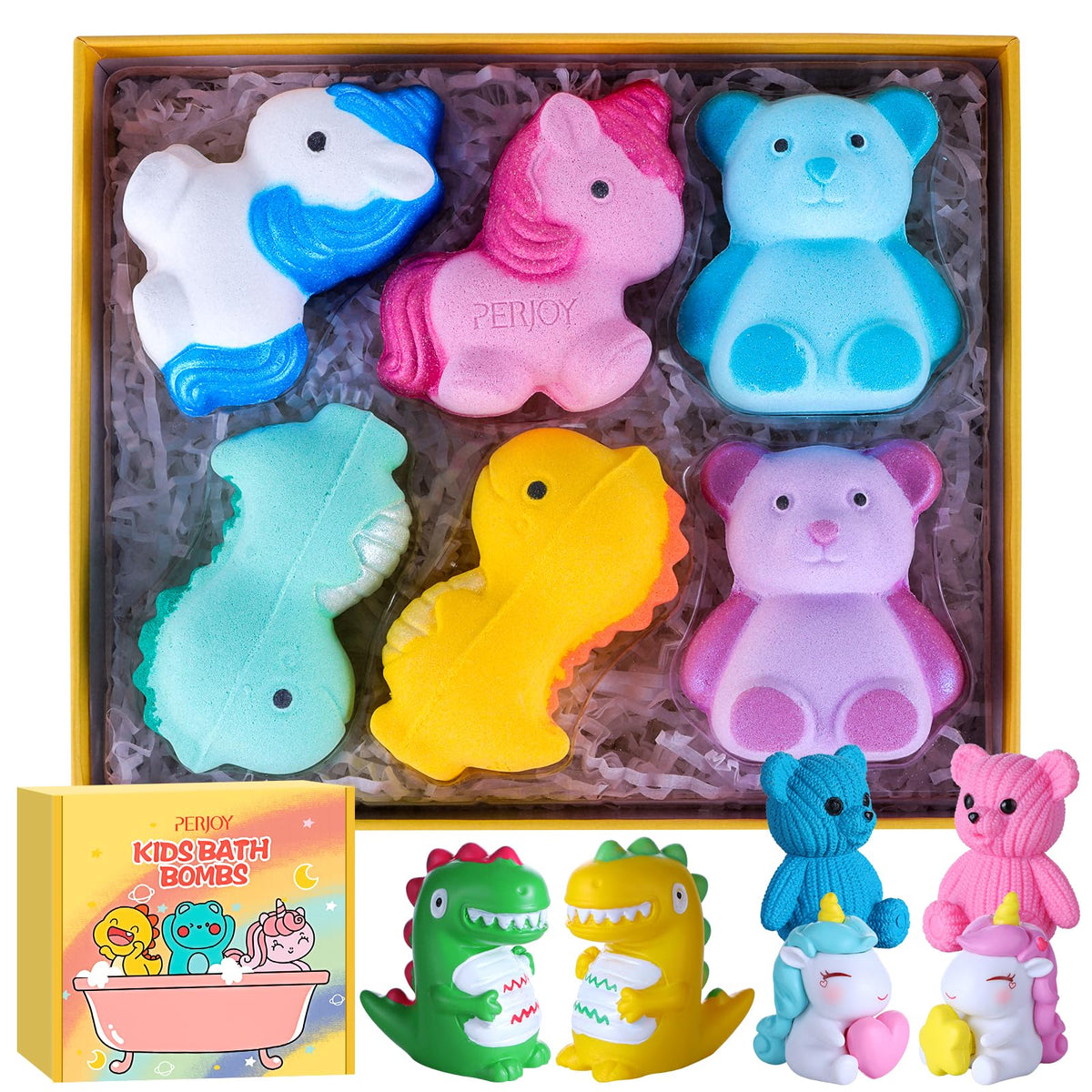 Perjoy kids bath bombs set with six large bombs and six toys for playful bath time