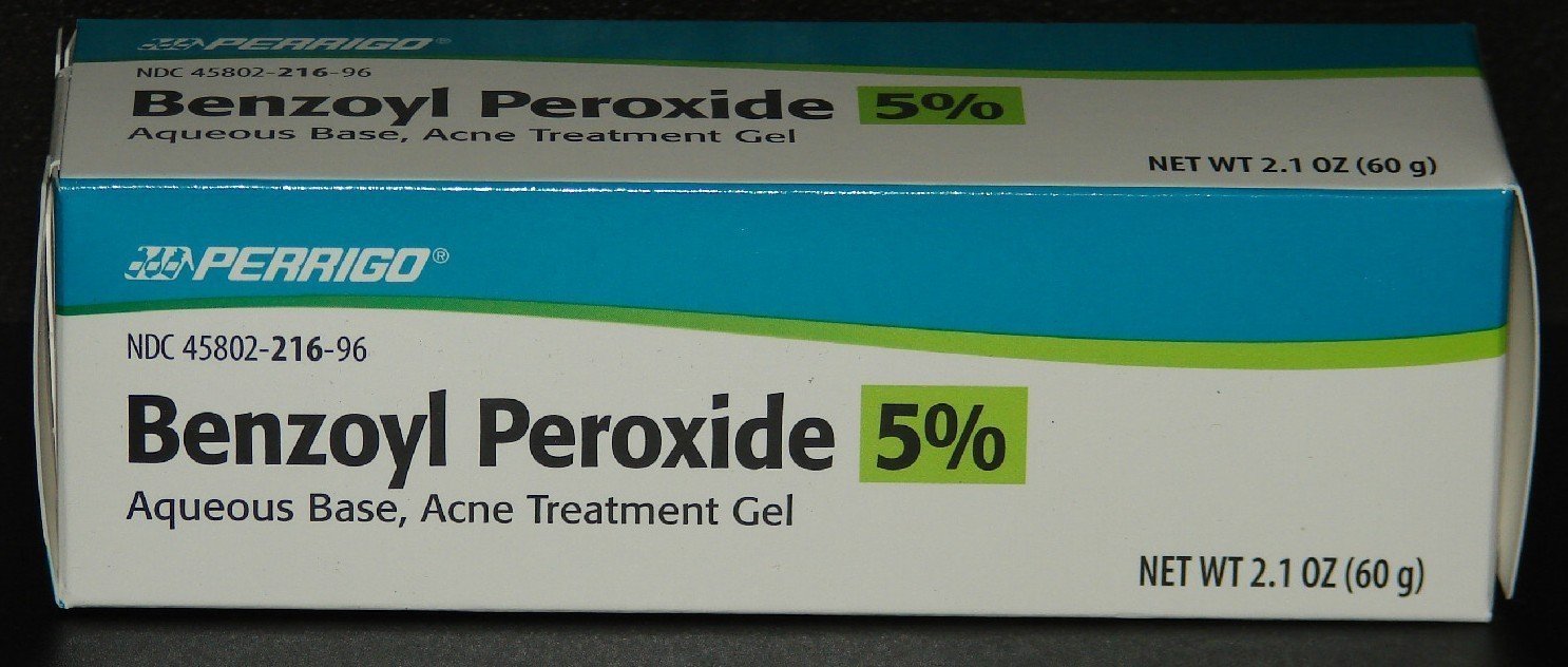 Perrigo 5% benzoyl peroxide acne gel tube, fast-absorbing treatment for clearer skin.