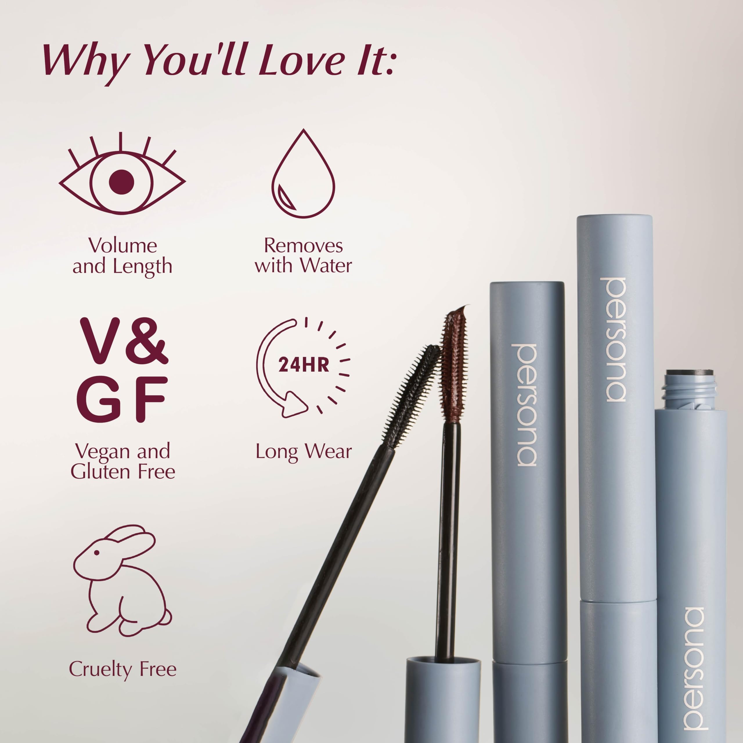 Se retire facilement à l'eau tiède avec PERSONA Mascara Tubing.