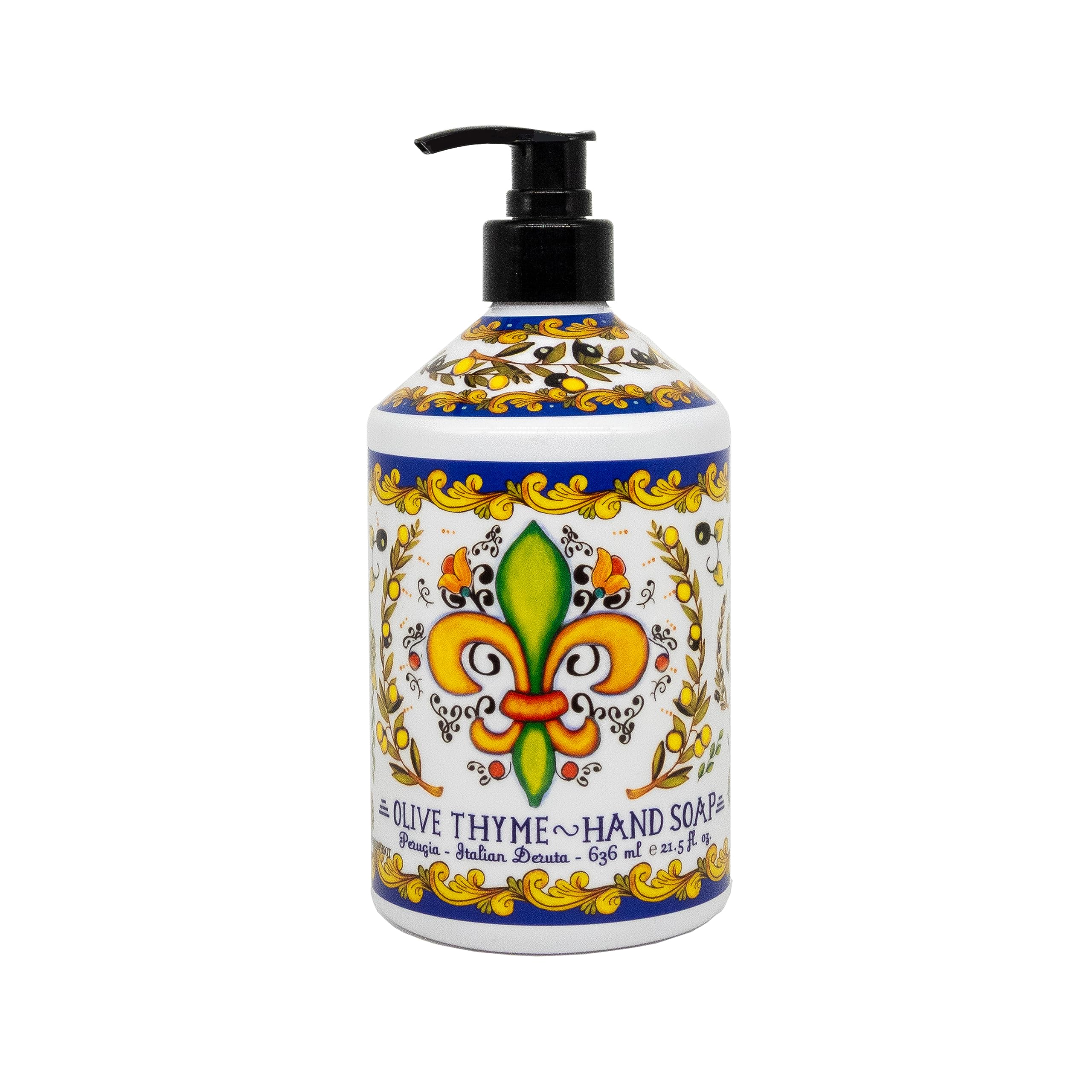 Savon mains Perugia Deruta orange douce avec pompe, parfum vivifiant.