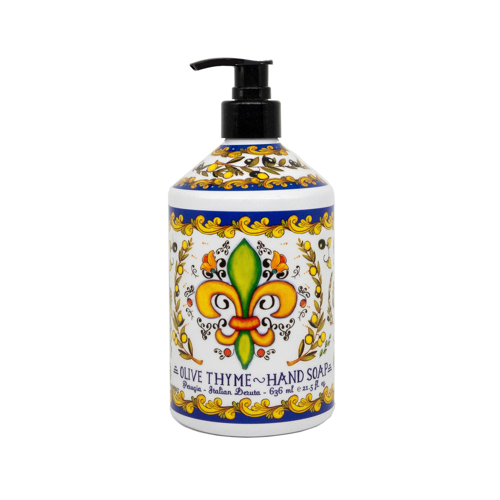 Savon mains Perugia Deruta orange douce avec pompe, parfum vivifiant.