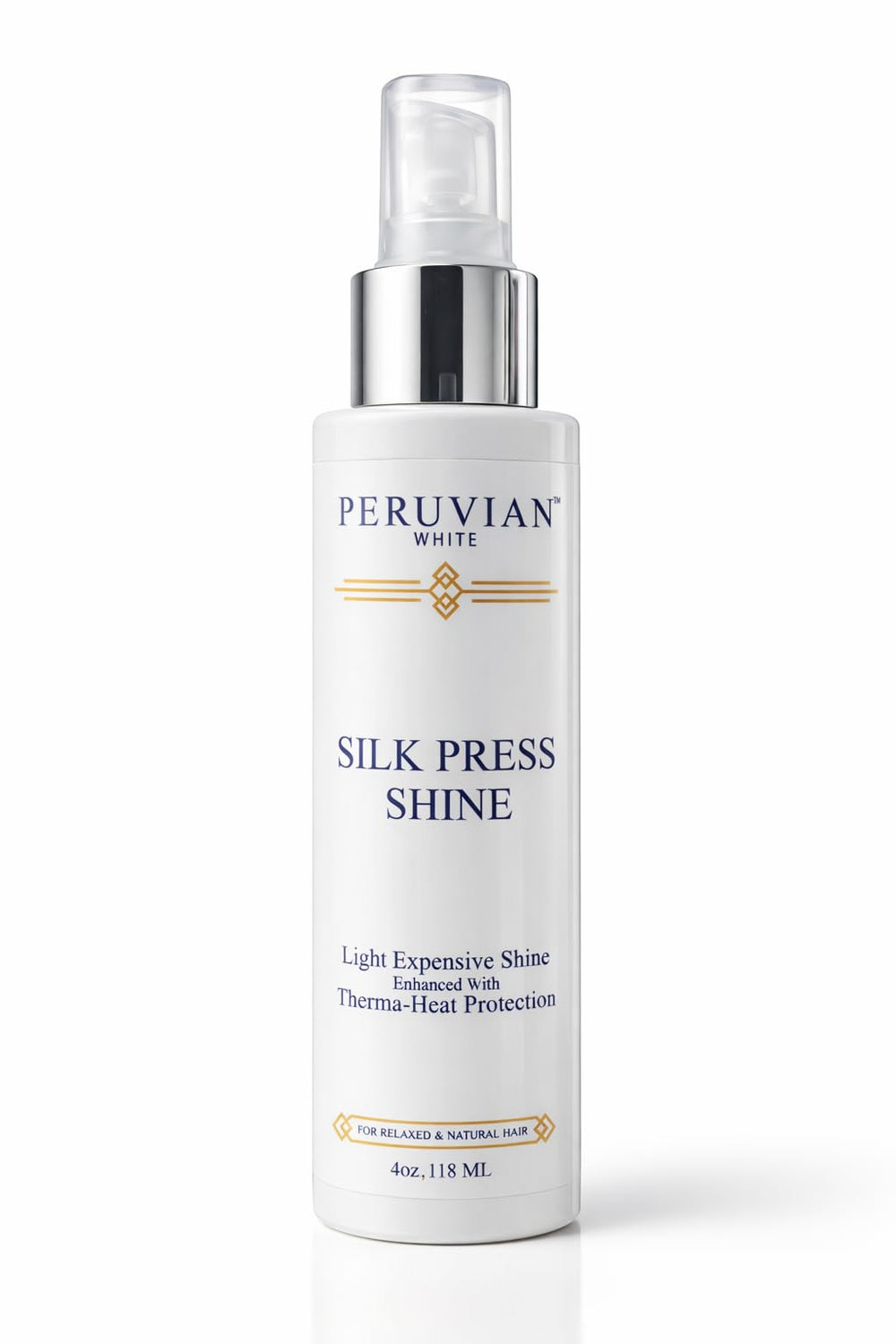 Peruvian White Silk Press, flacon: brillance et protection thermique lors du coiffage.