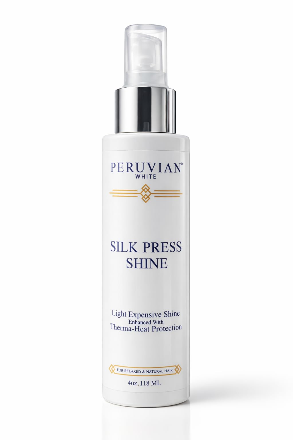 Peruvian White Silk Press, flacon: brillance et protection thermique lors du coiffage.