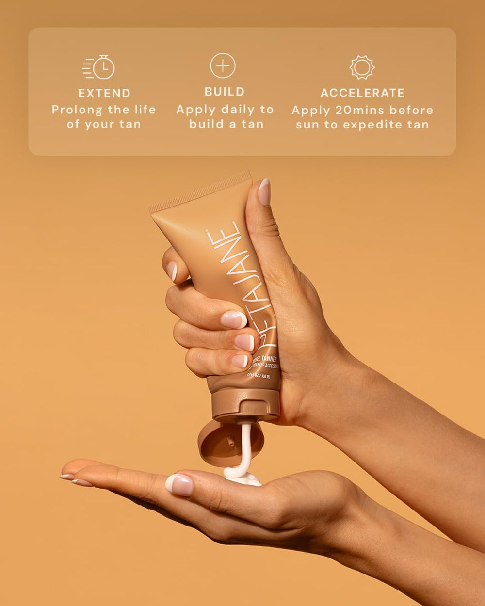 Bouteille au design élégant de Peta Jane, symbole de soin et de bronzage progressif.