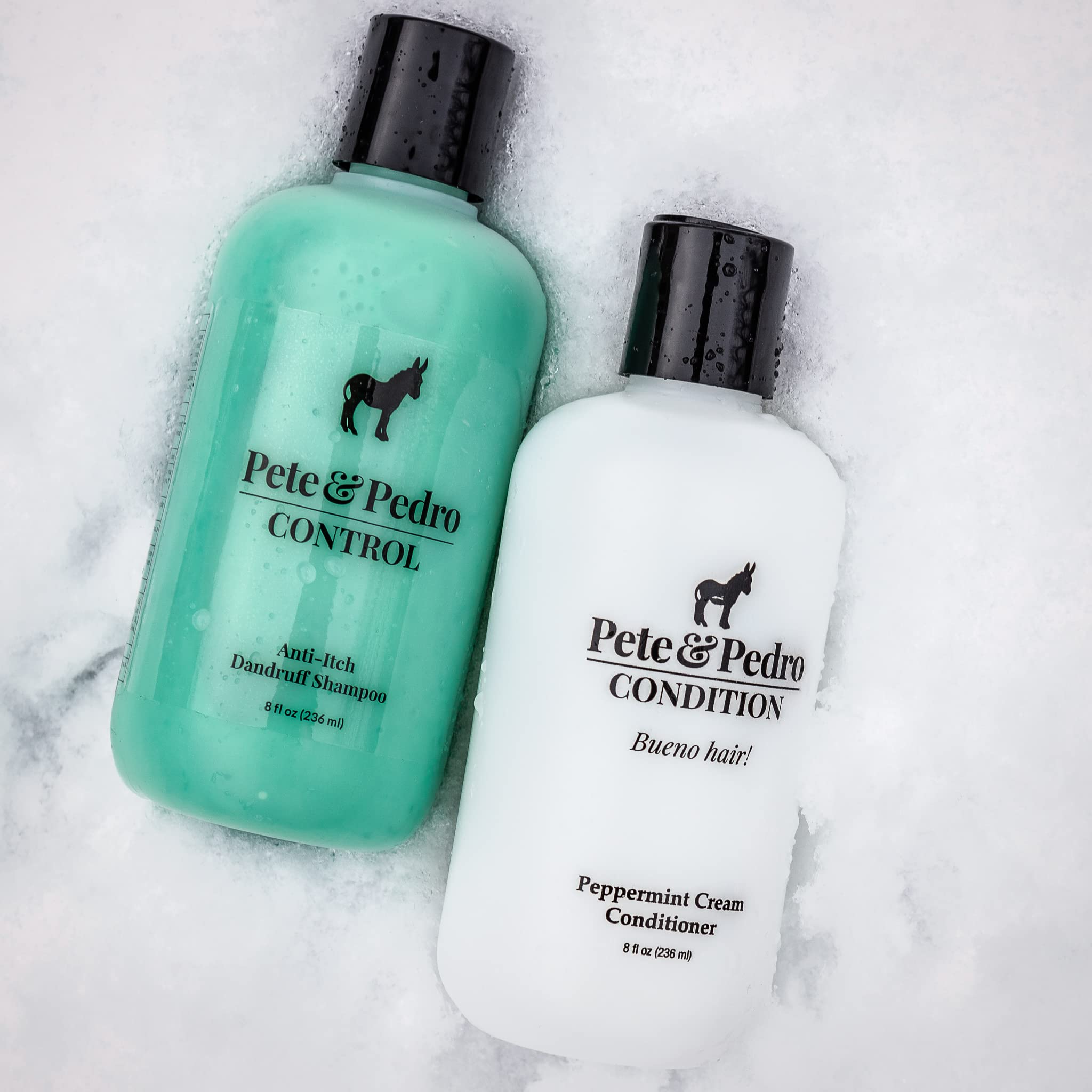 Pete & Pedro après-shampooing menthe en action, cheveux nourris et souples.