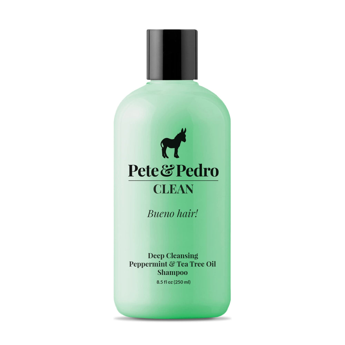 Pete & Pedro CLEAN shampoo bottle with peppermint lather promotes refreshing scalp cleanse.
