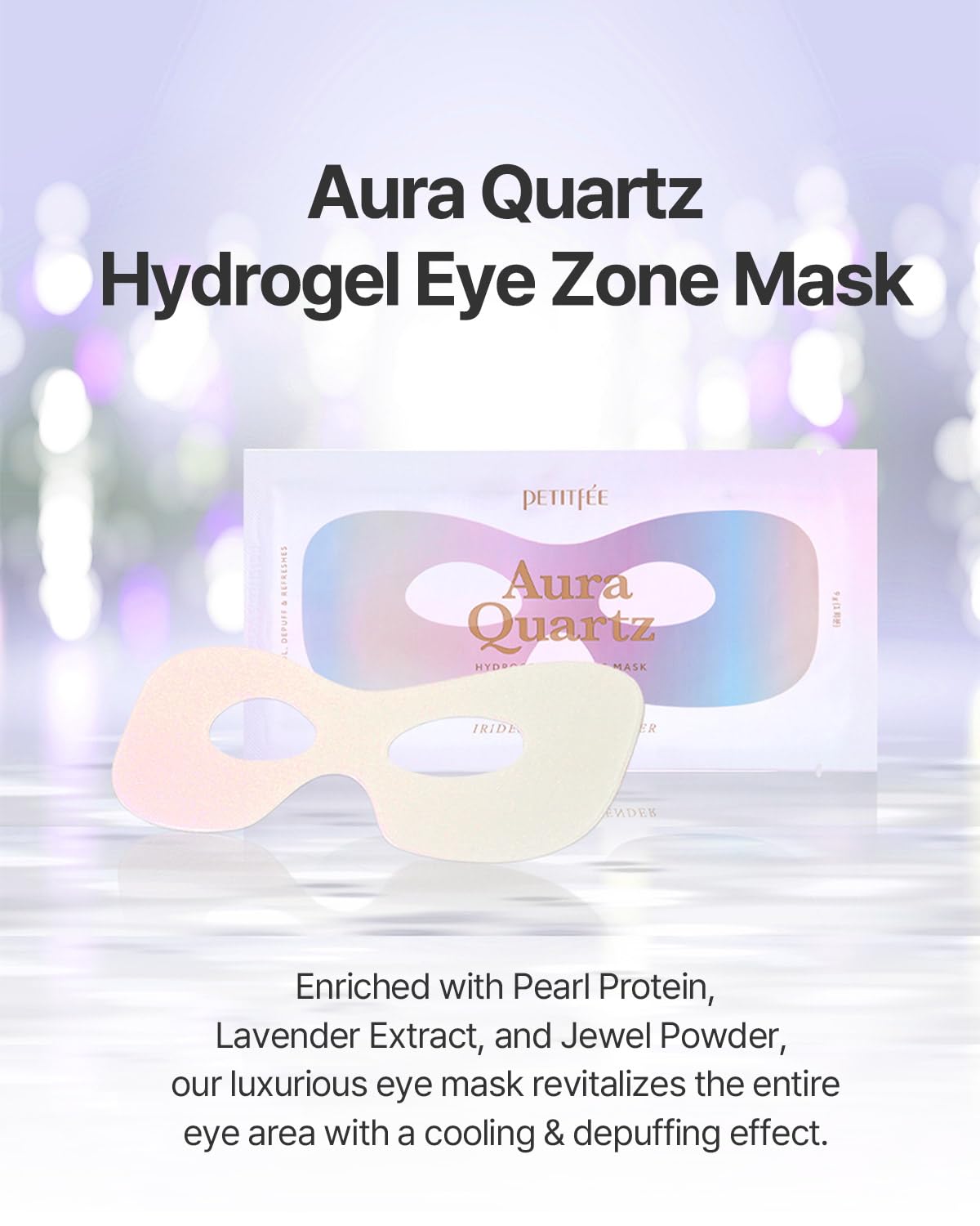 Petitfee Aura Quartz Hydrogel Masque Yeux Lavande, ouverture pratique prête à l’emploi.