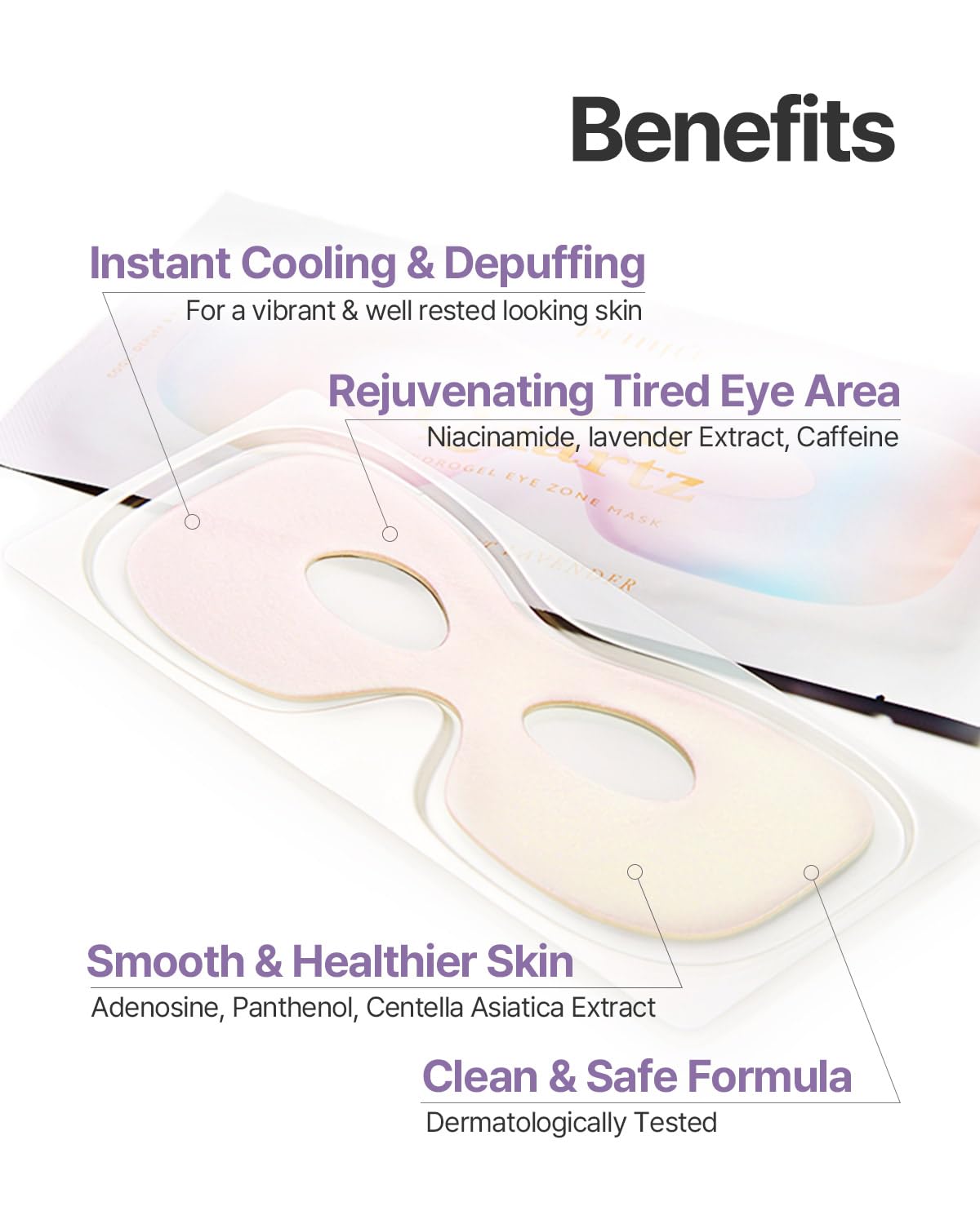 Petitfee Aura Quartz Hydrogel Masque Yeux Lavande, actifs Pearl Protein et lavande pour nourrir.