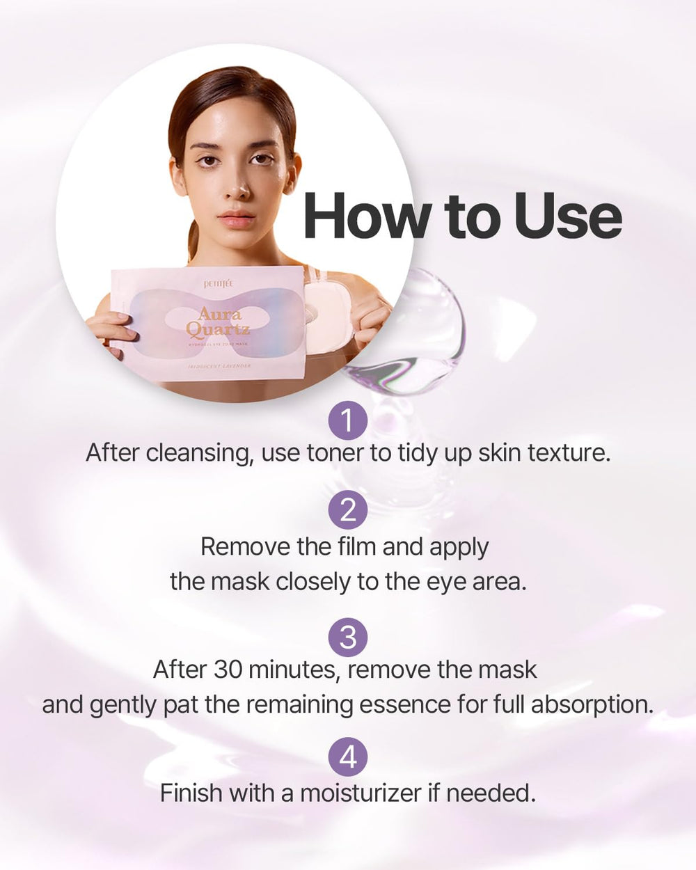 Petitfee Aura Quartz Hydrogel Masque Yeux Lavande, idéal pour routines jour et nuit.