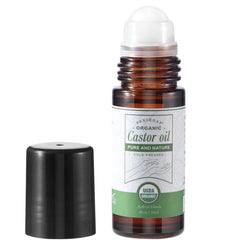 Pexihoap huile de ricin roll-on, bouteille ambrée prête pour soin ciblé.