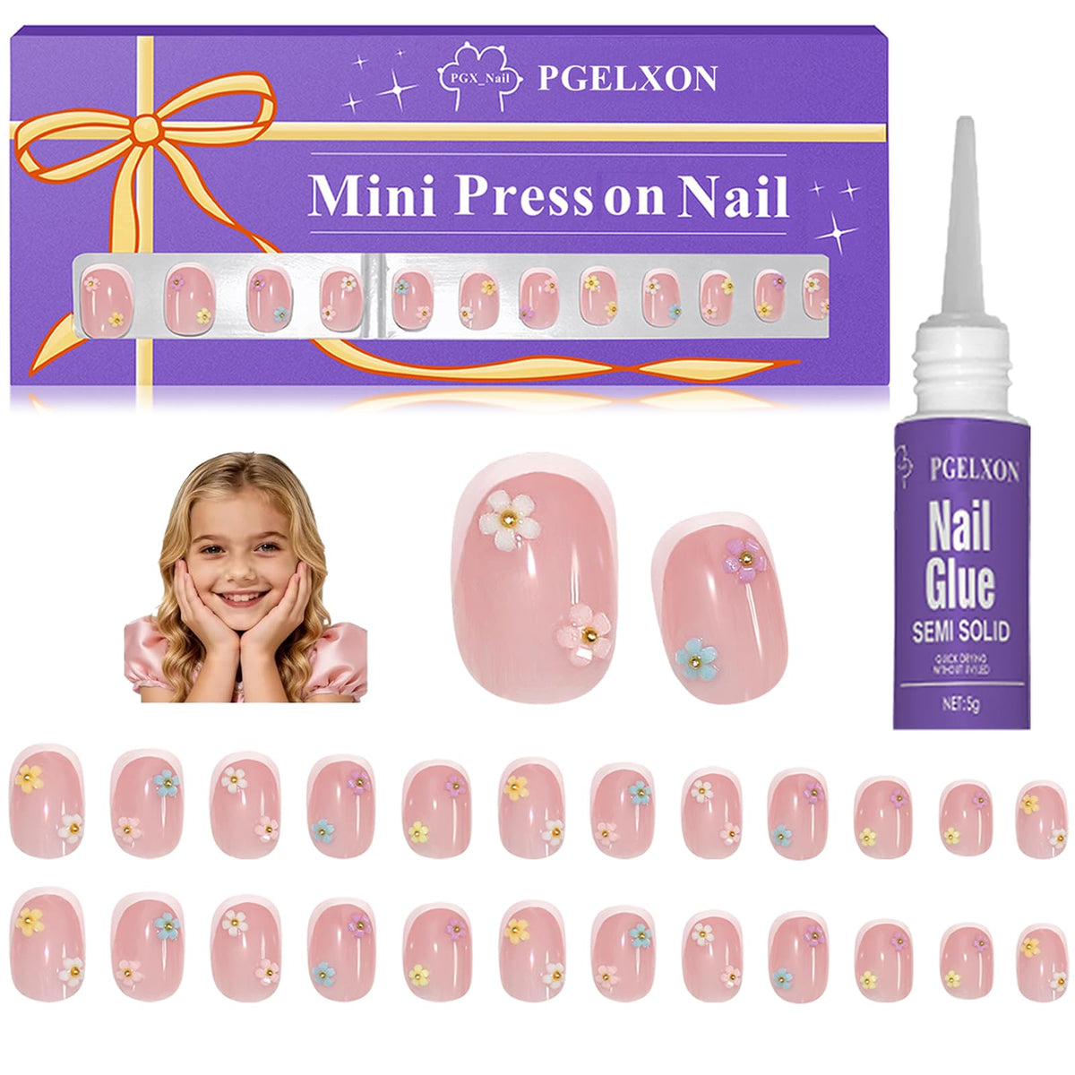 PGELXON enfants ongles presse 3D fleurs, première manucure sûre et amusante.