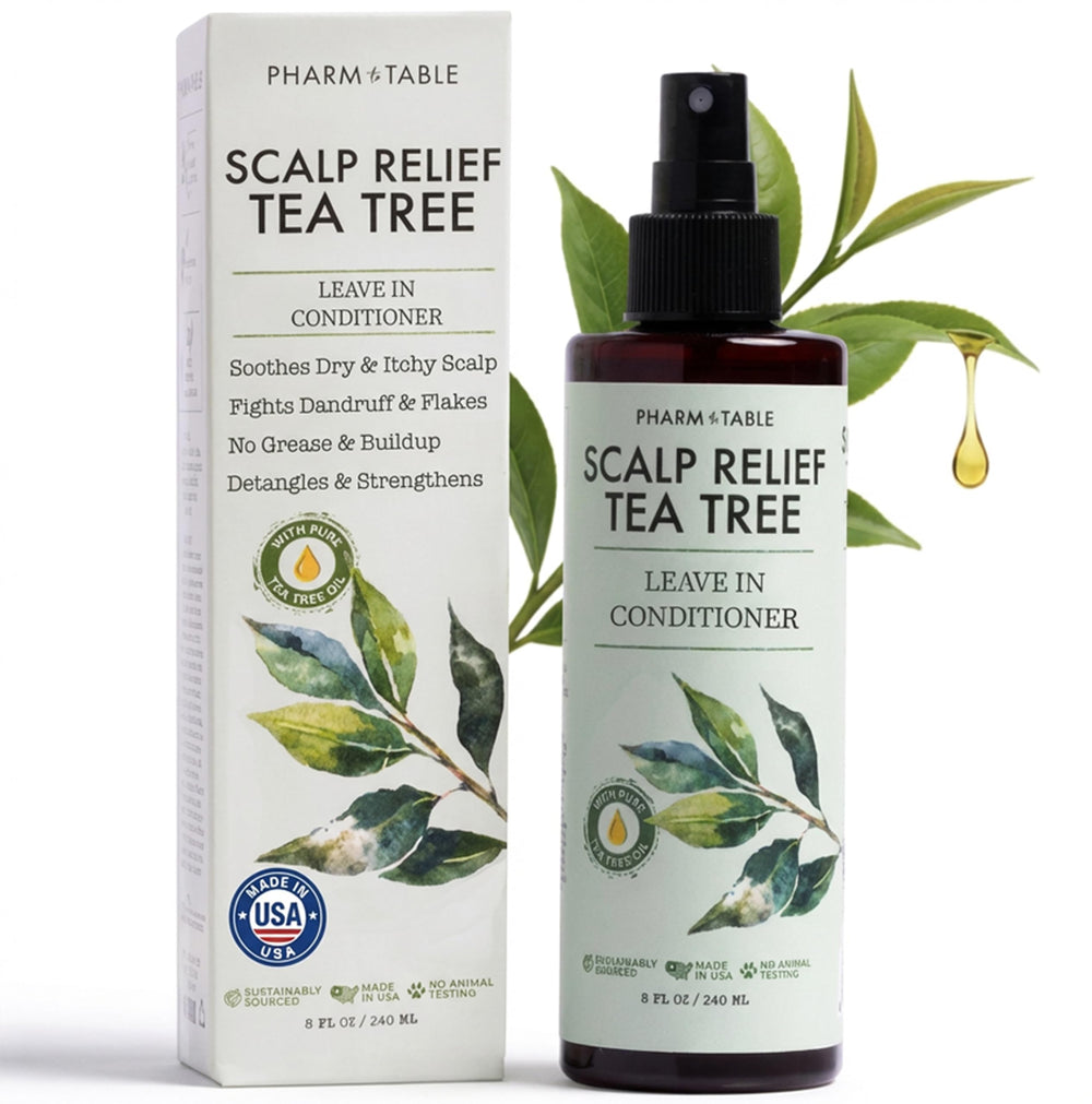PHARM TO TABLE Leave In Conditioner Spray montre la bouteille et son soin hydratant pour le cuir chevelu