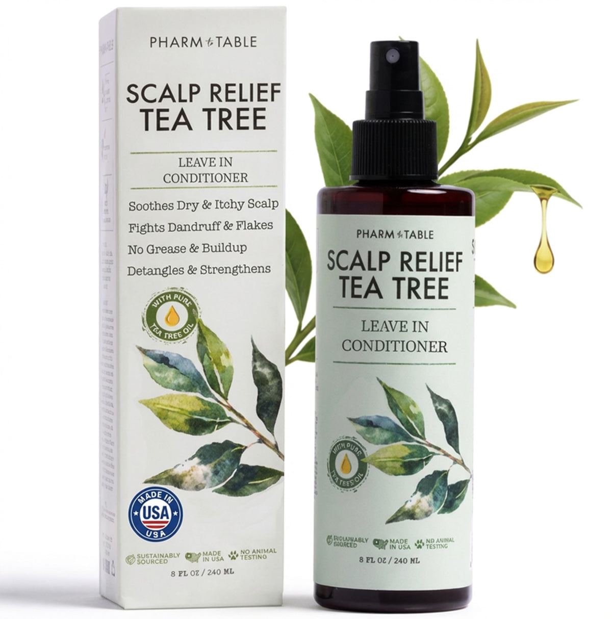 PHARM TO TABLE Leave In Conditioner Spray montre la bouteille et son soin hydratant pour le cuir chevelu